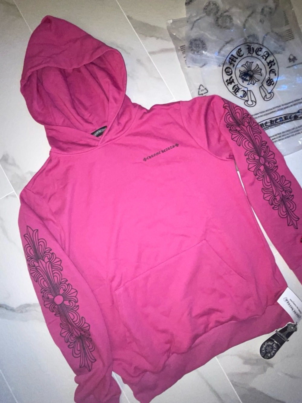 Chrome Hearts Pink Hoodie with Black Sleeve Cross Motif